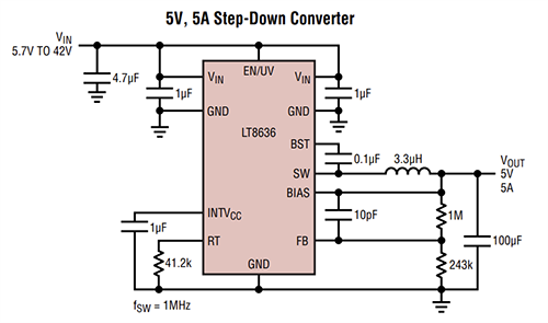 アプリケーション回路図 - Analog Devices Inc. LT8636x同期42V 6A降圧型レギュレータ